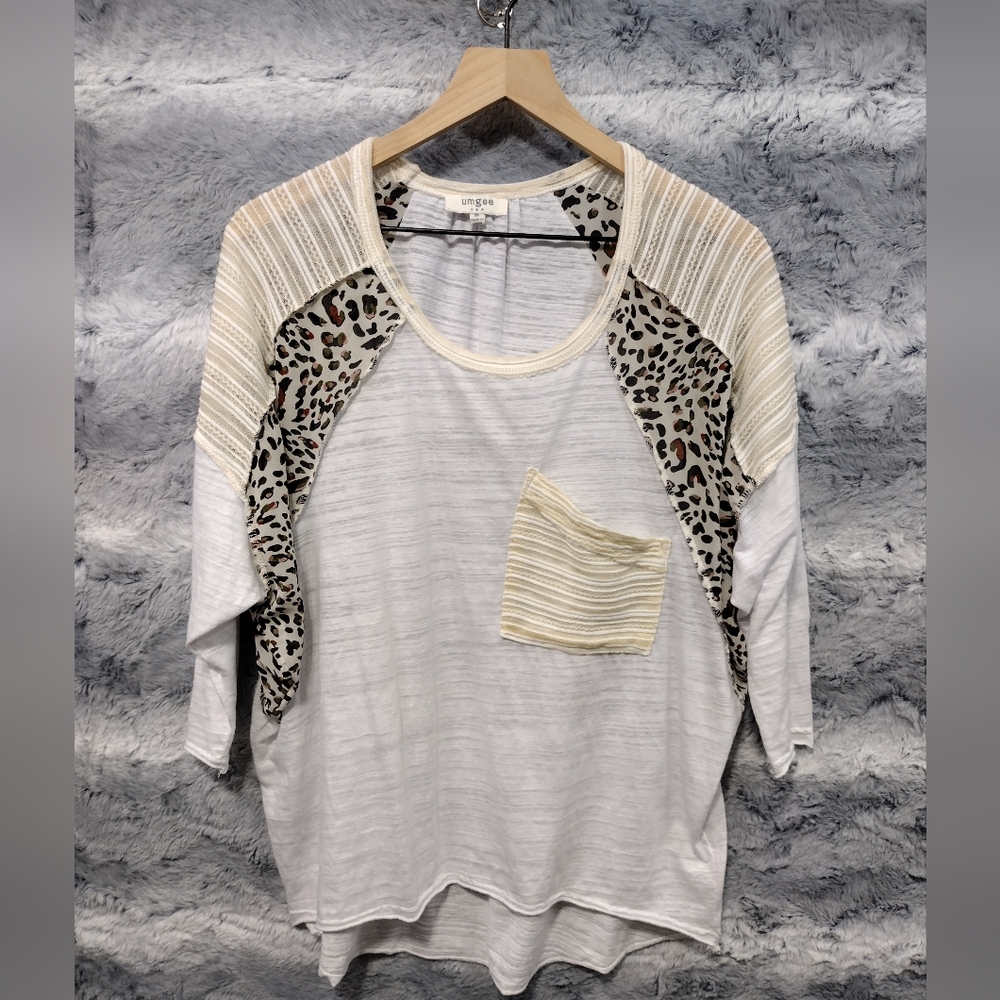 Umgee Patchwork Boho Top Women's M White Animal Print Retro 90s Y2K Beach